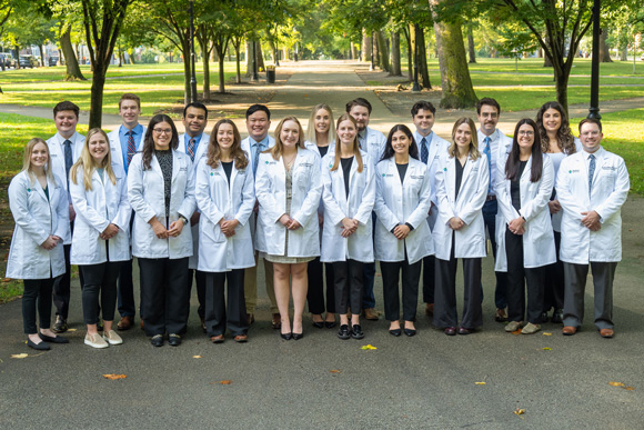 image of AHN Pharmacy Residents in front of the Northeast Fountain in Allegheny Commons Park