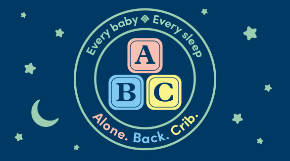 An infographic on a dark blue starry background shows blocks with A, B, and C for safe baby sleep.
